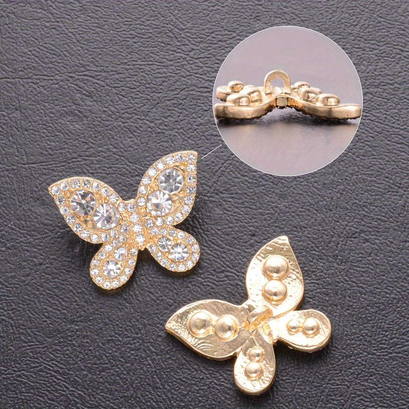 Set of 5 French-Inspired Butterfly Buttons with Rhinestones Metal Alloy Decorative Fasteners for Clothing