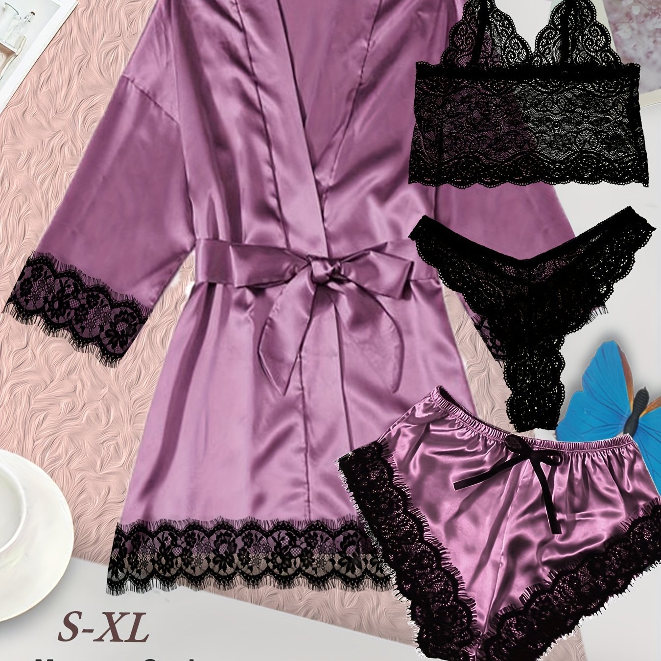 Women's Loungewear Set with Lace Detailing Robe V-Neck Cami Shorts and Panties