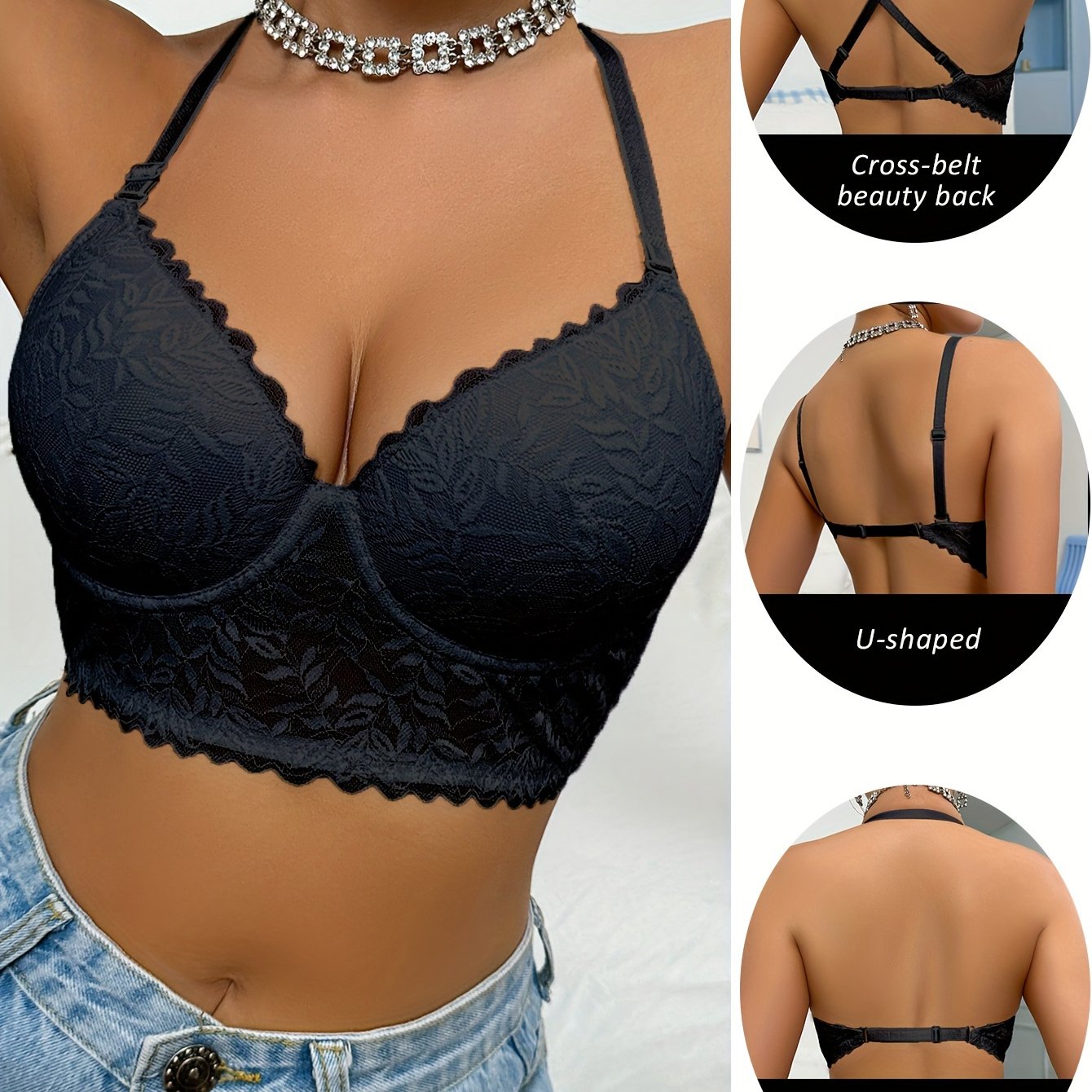 Seamless Lace Push-Up Bra with Scallop Trim Underwire Support for Women