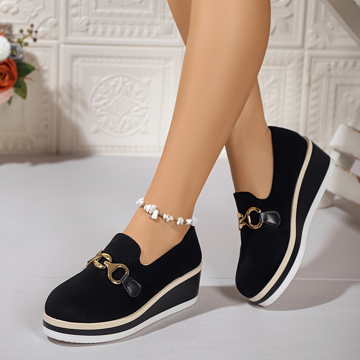Women's Black Slip-On Loafers with Gold Buckle, Comfortable Platform Shoes