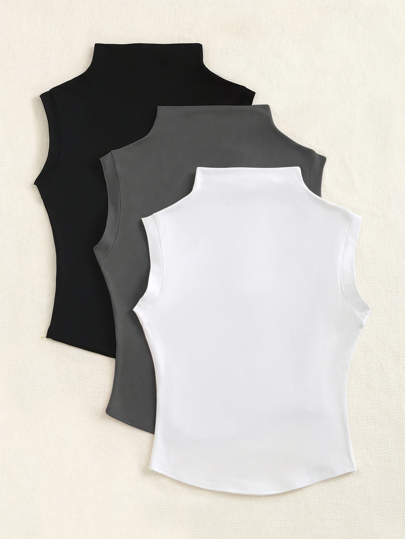 Women's Sleeveless Outfits Set with High Neck Collars, Solid Color, Micro Elasticity