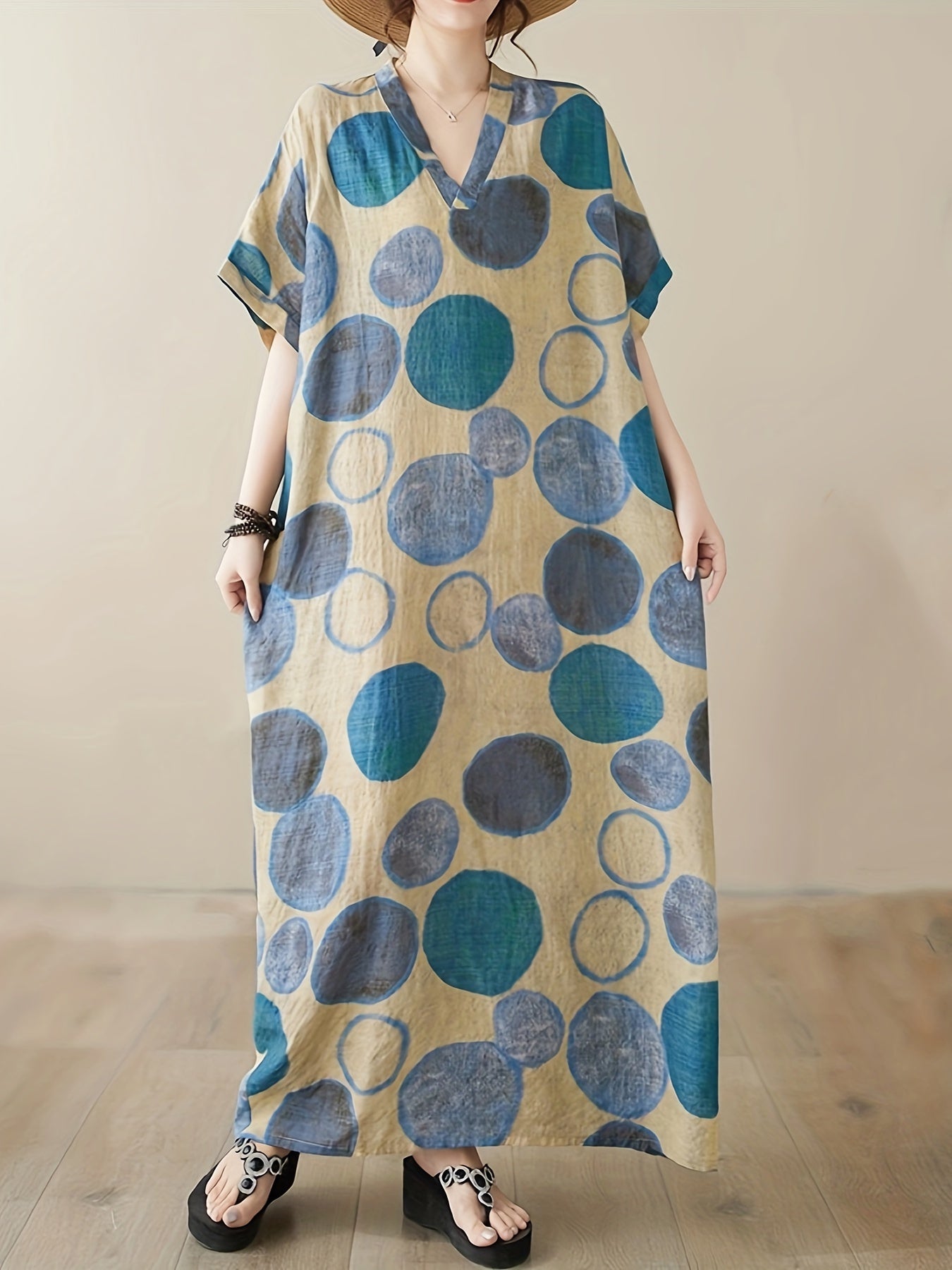 Large V-Neck Dress with Circle Print Short Sleeves Pockets Boho Beach Cover-Up