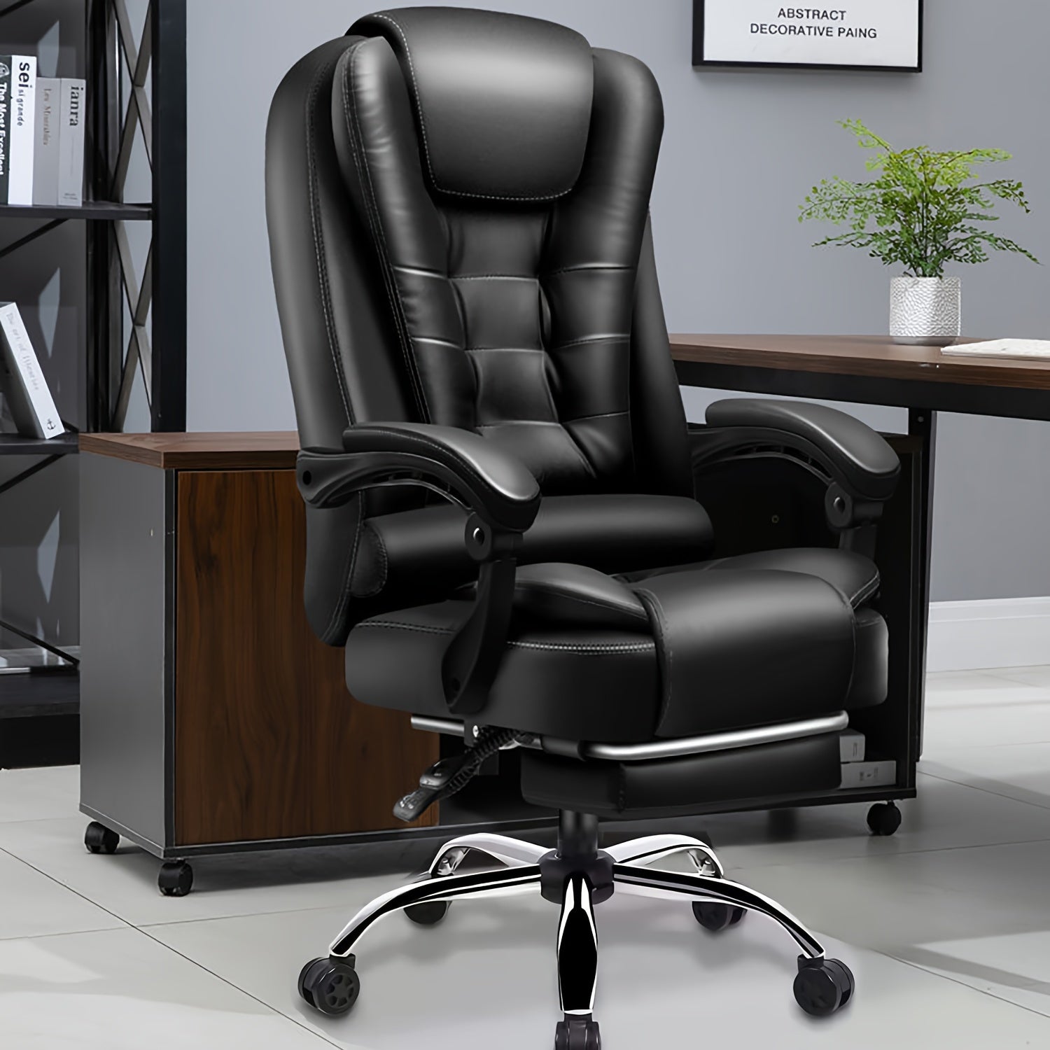 Adjustable Executive Office Chair with Ergonomic Design Cushioned Armrests Wooden Base