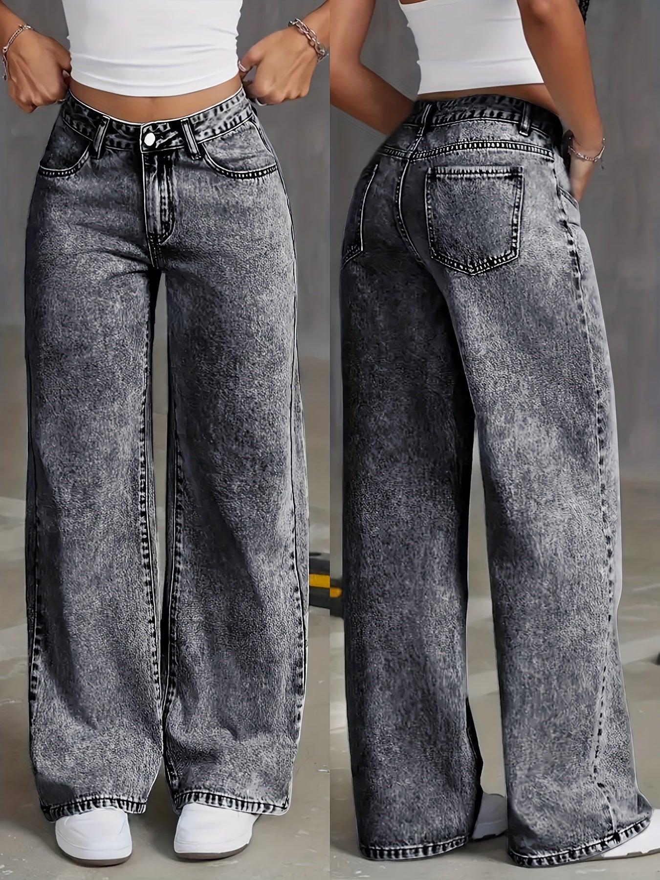 Women's High-Waist Straight Leg Jeans Denim Cotton Blend Snowflake Wash All-Season