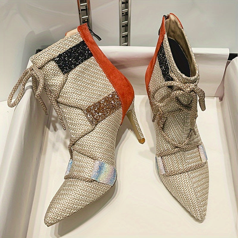 Женские ботинки на щиколотке с блестящими акцентами, полосатая ткань, каблуки-стилетто