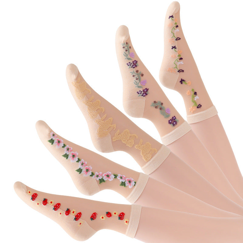 Women's Mesh Short Socks 5 Pairs Floral Pattern Breathable Lightweight Black Multicolor