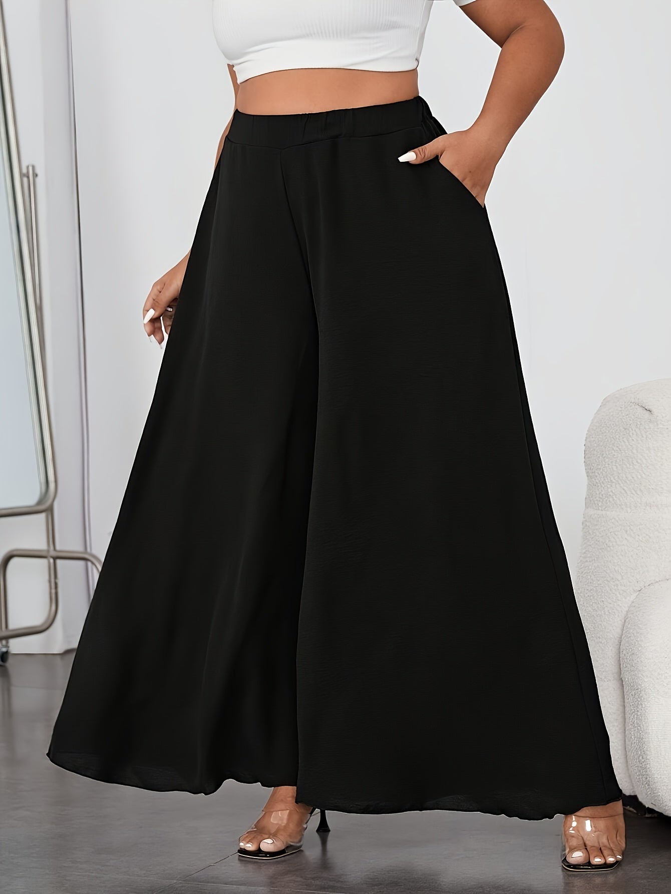 Women's Plus Size Wide Leg Pants Elastic Waist Solid Color Spring Summer