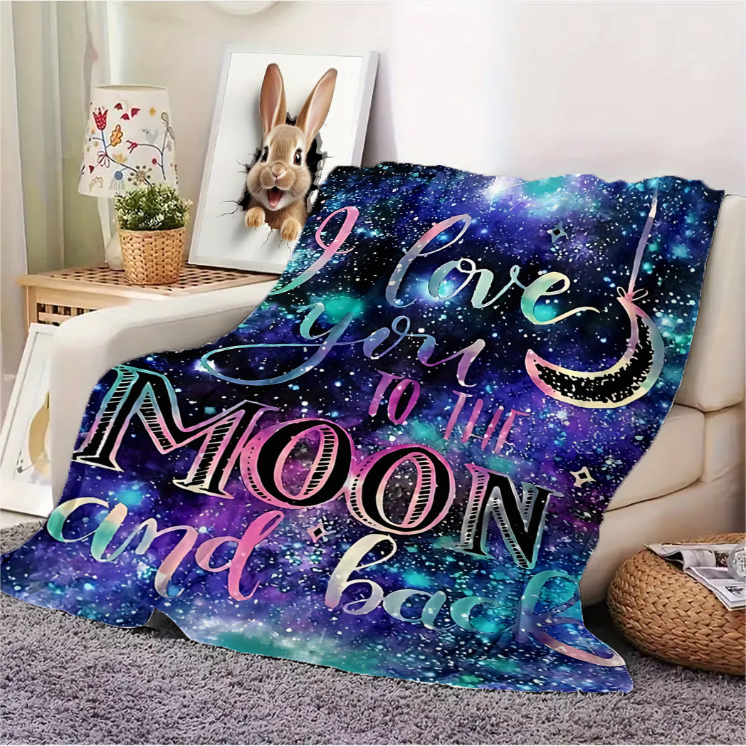 Flannel Blanket with "I Love You to The Moon and Back" Print Soft All-Season Polyester 250-300gsm