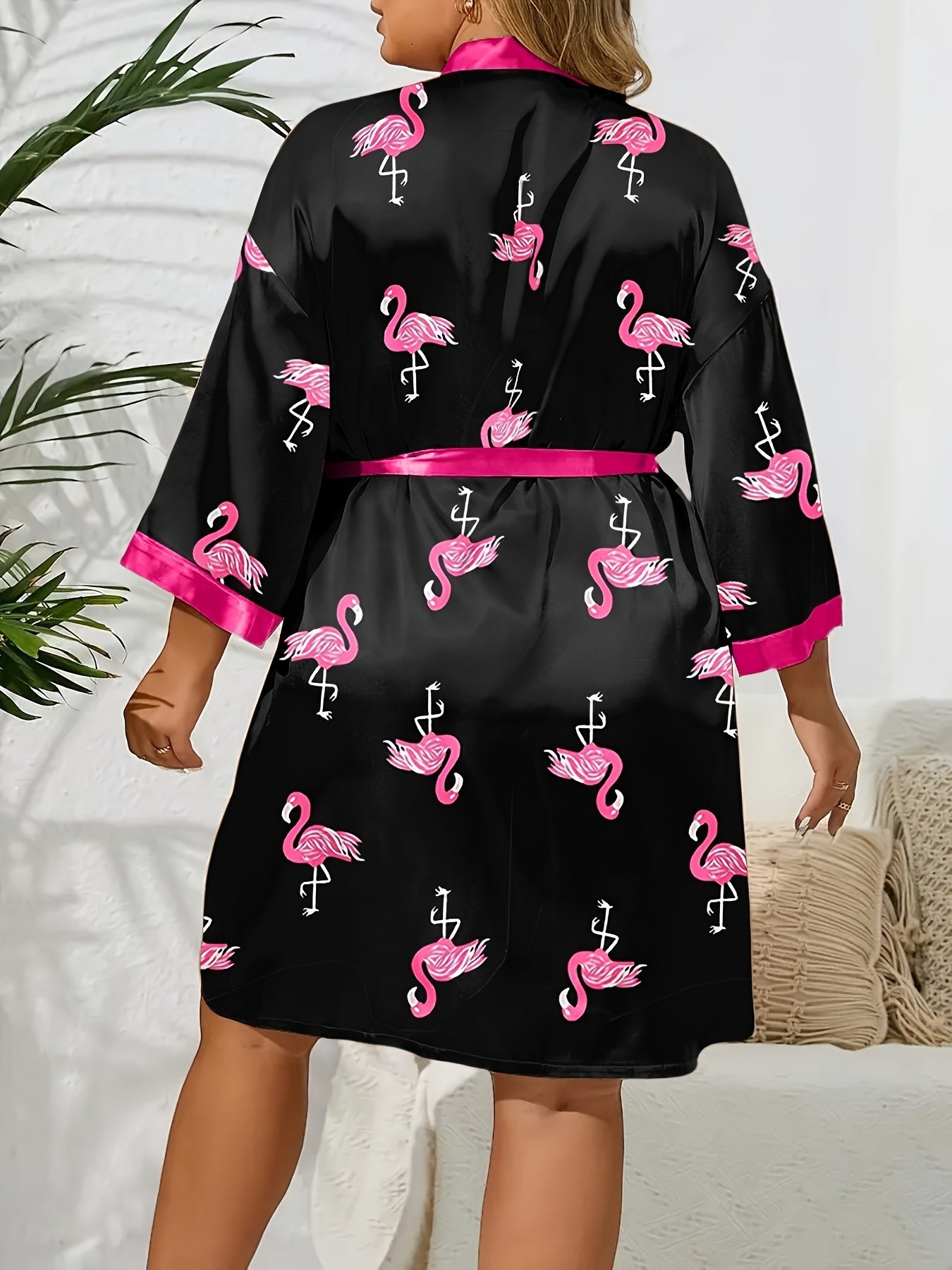 Plus Size Satin Robe Flamingo Print V-Neck Belted Dressing Gown 3/4 Sleeves