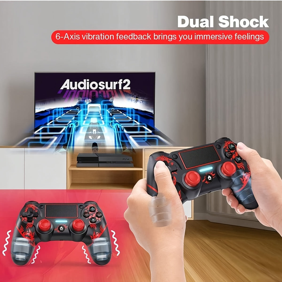 Wireless PS4 Controller with Dual Vibration 6-Axis Touchpad 3.5mm Audio Black Red