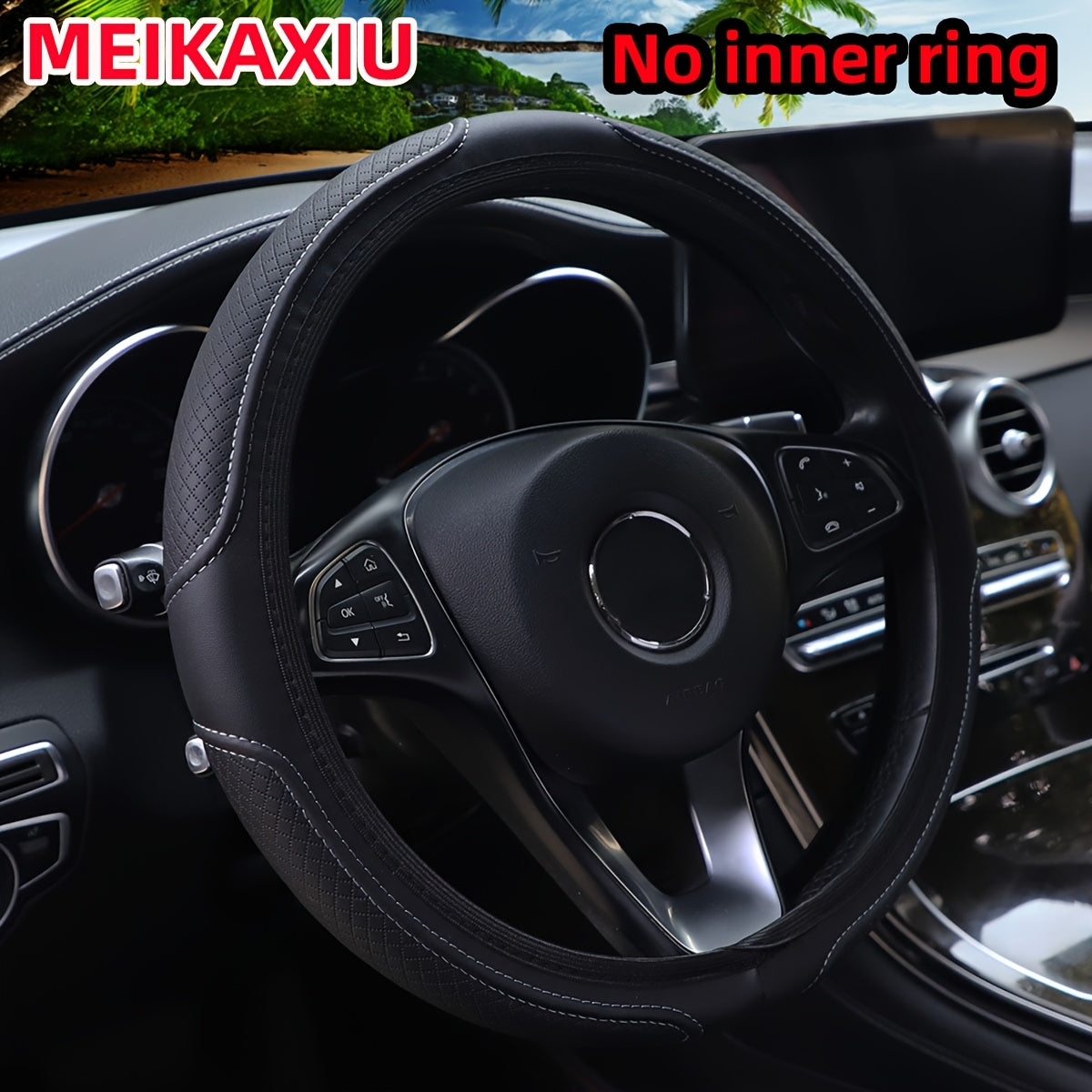 Car Steering Wheel Cover Leather Plaid Non-slip Fit 36.8-38.1cm