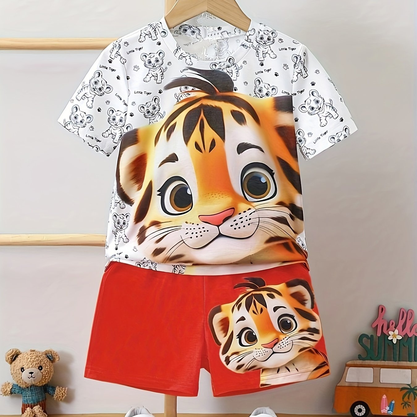 Boys Tiger Print Casual Outfit Set Short Sleeve T-Shirt and Shorts Summer Kids Clothing
