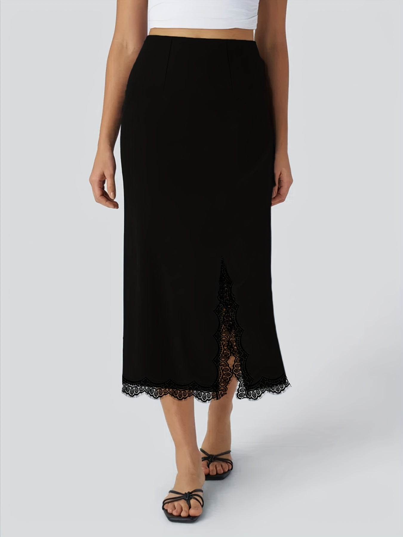 Plus Size Women's Lace Midi Skirt with Side Slit High-Waisted Stretchy Comfortable