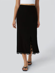 Plus Size Women's Lace Midi Skirt with Side Slit High-Waisted Stretchy Comfortable