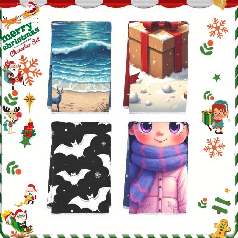 To'rt dona yumshoq polyester oshxona sochiqlari, har biri 45.72x66.04 sm o'lchamda. Zamonaviy fantastik Santa Klaus dizayni bilan, bayram oshxona bezaklari uchun mukammal. Ushbu sochiqlar mashinada yuvilishi mumkin va mustahkamlik uchun to'qilgan.