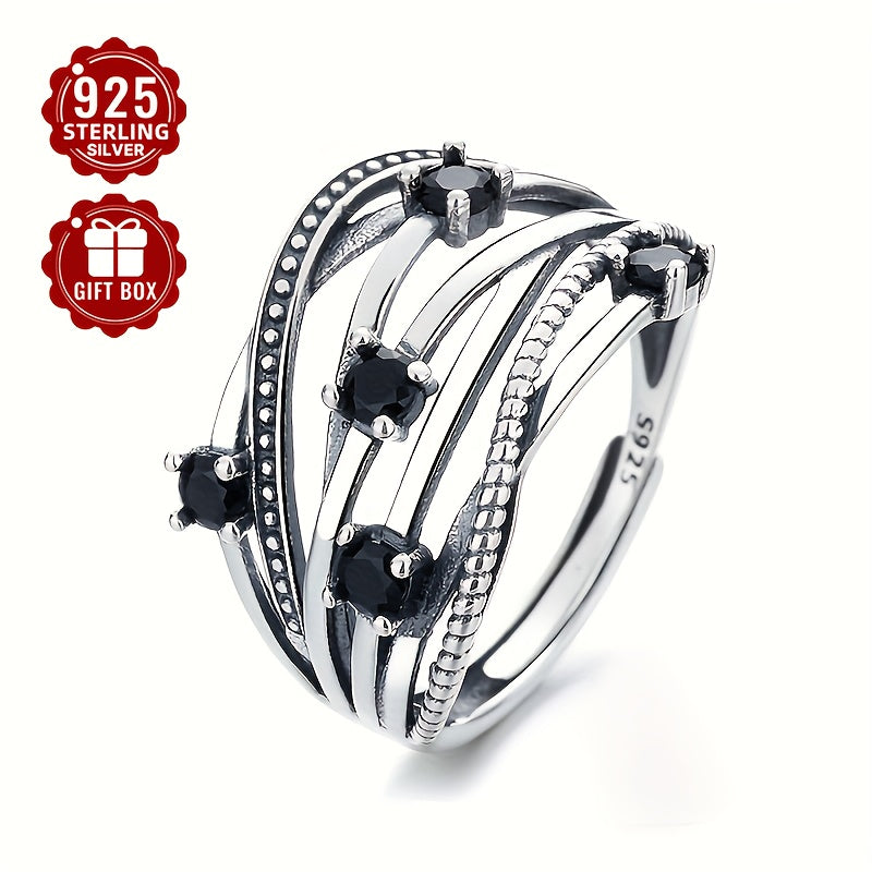 Sterling Silver Adjustable Open Band Multi-Layer Ring with Black Synthetic Zirconia