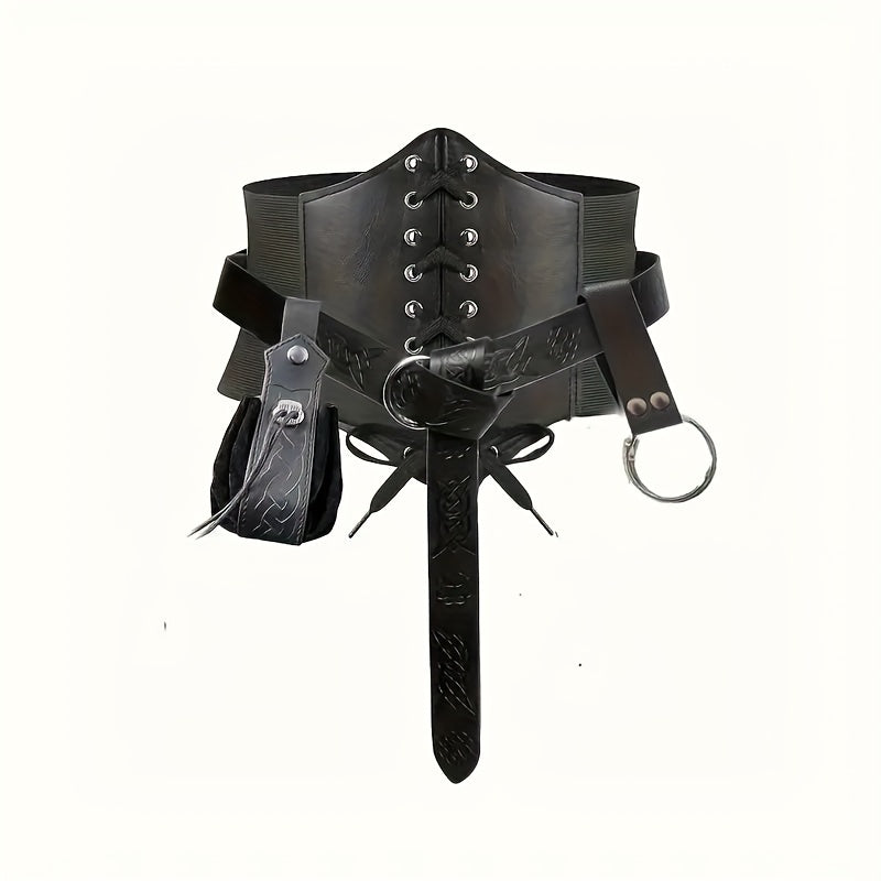 O'rta asr Uyg'onish davri Viking kiyim to'plami, Steampunk PU charm bel qopqog'i, kamar, tortish puli va klip bilan. Halloween cosplay, LARP partiyalari, sahna chiqishlari va kostyum foto aksessuarlar uchun mukammal.