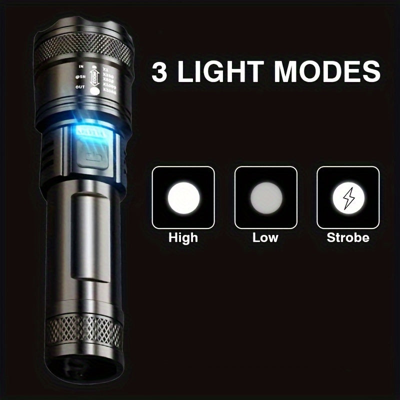 Tactical LED Flashlight with Zoom, 3 Light Modes, USB Type-C Rechargeable, 1200mAh Lithium Battery, Portable Outdoor Lighting