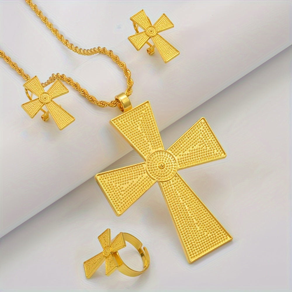 Female Punk Style Jewelry Set with Cross Earrings Necklace and Ring Zinc Alloy 18K Plated