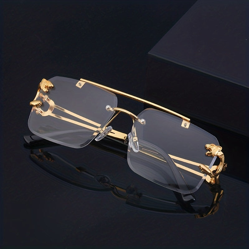 Unisex Rimless Double Bridge Square Metal Glasses with Gold Leopard Temples