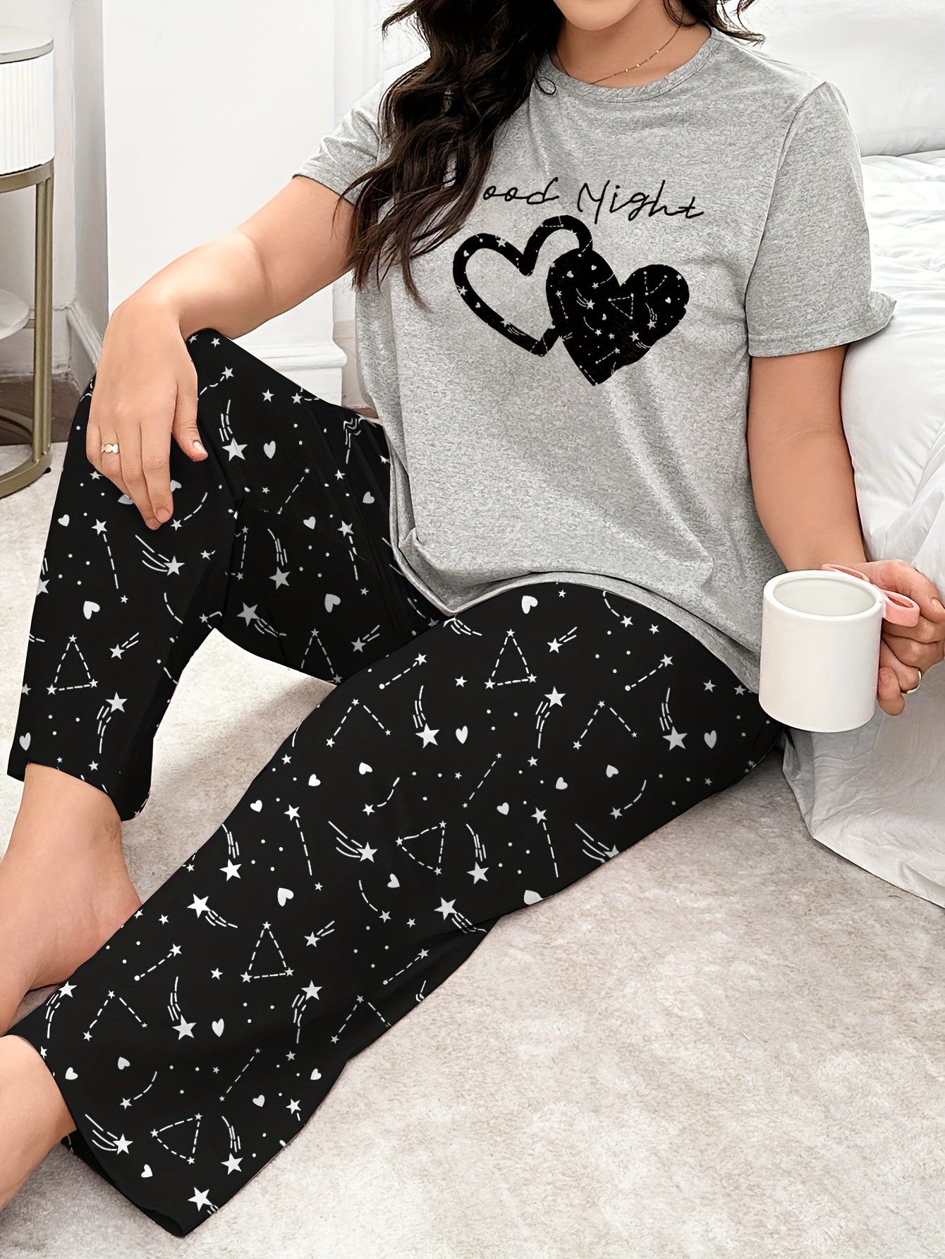 Plus Size Women's Nightwear Set with Graphic Tee and Pajama Pants