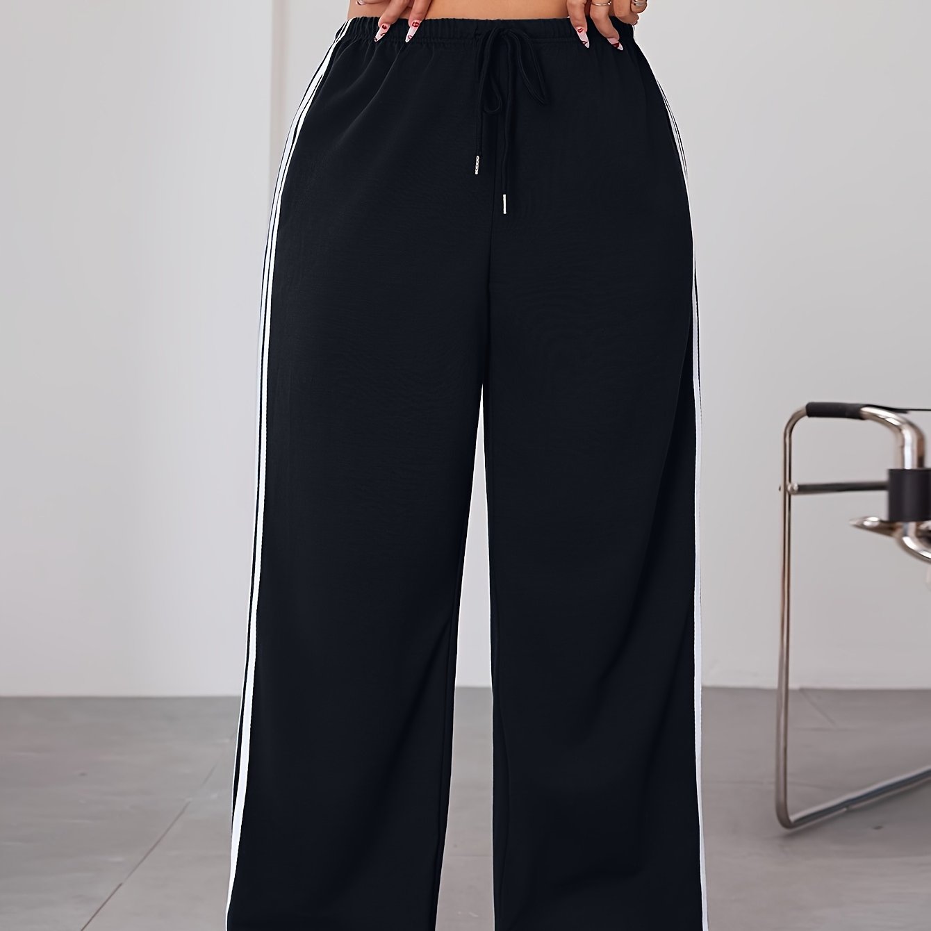 Plus Size Wide Leg Pants with Side Stripes Casual Joggers Stretchy All-Season