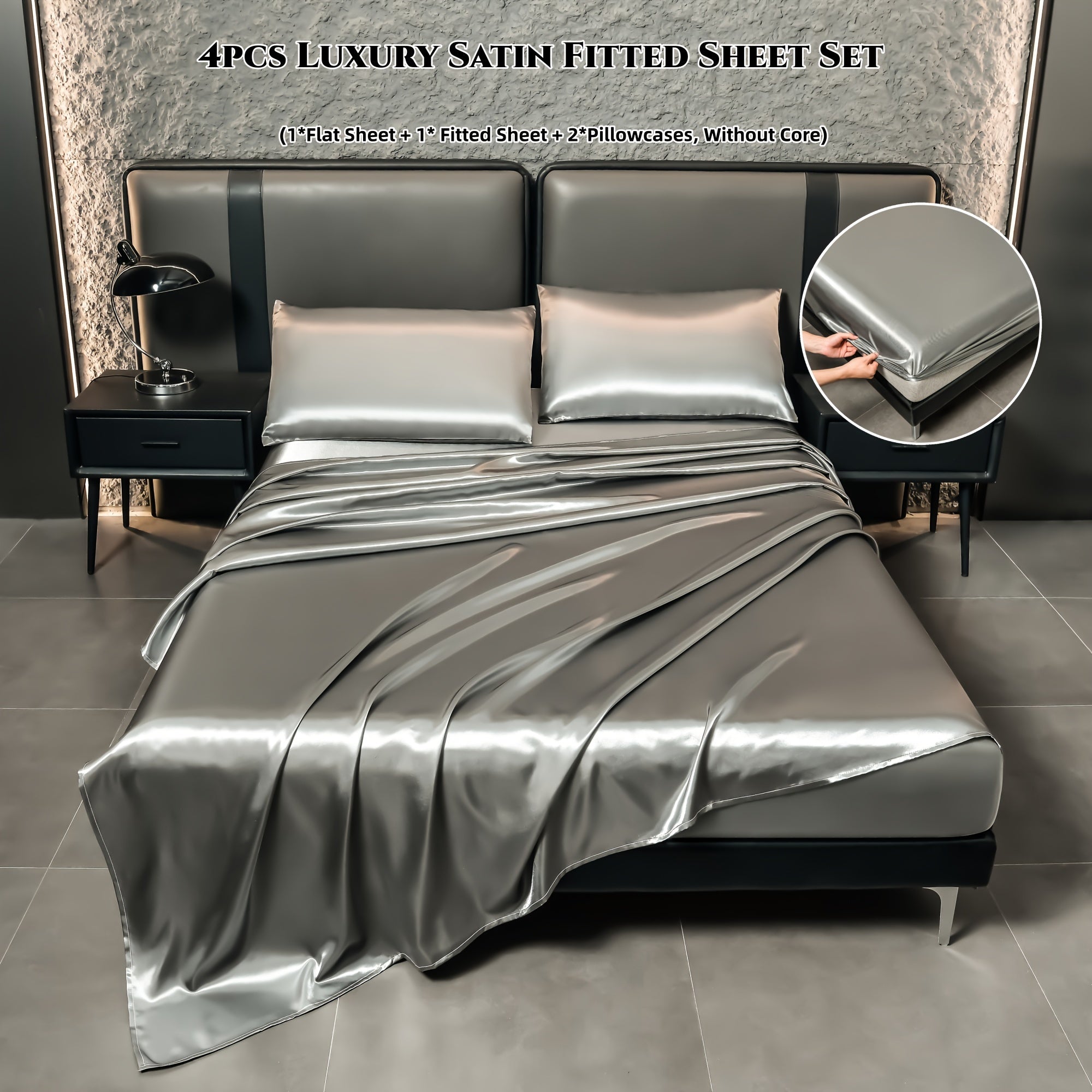 Juego de sábanas de satén de 4 piezas, reversible, transpirable, antideslizante, de color sólido para dormitorio, invitados, hotel