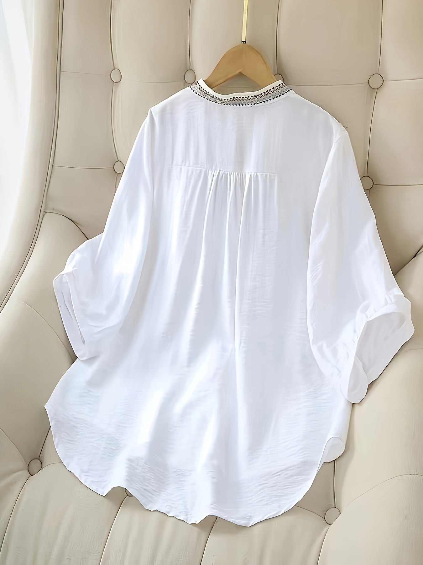 Women's Embroidered Short Sleeve Blouse Breathable Polyester Semi-Sheer Stand Collar