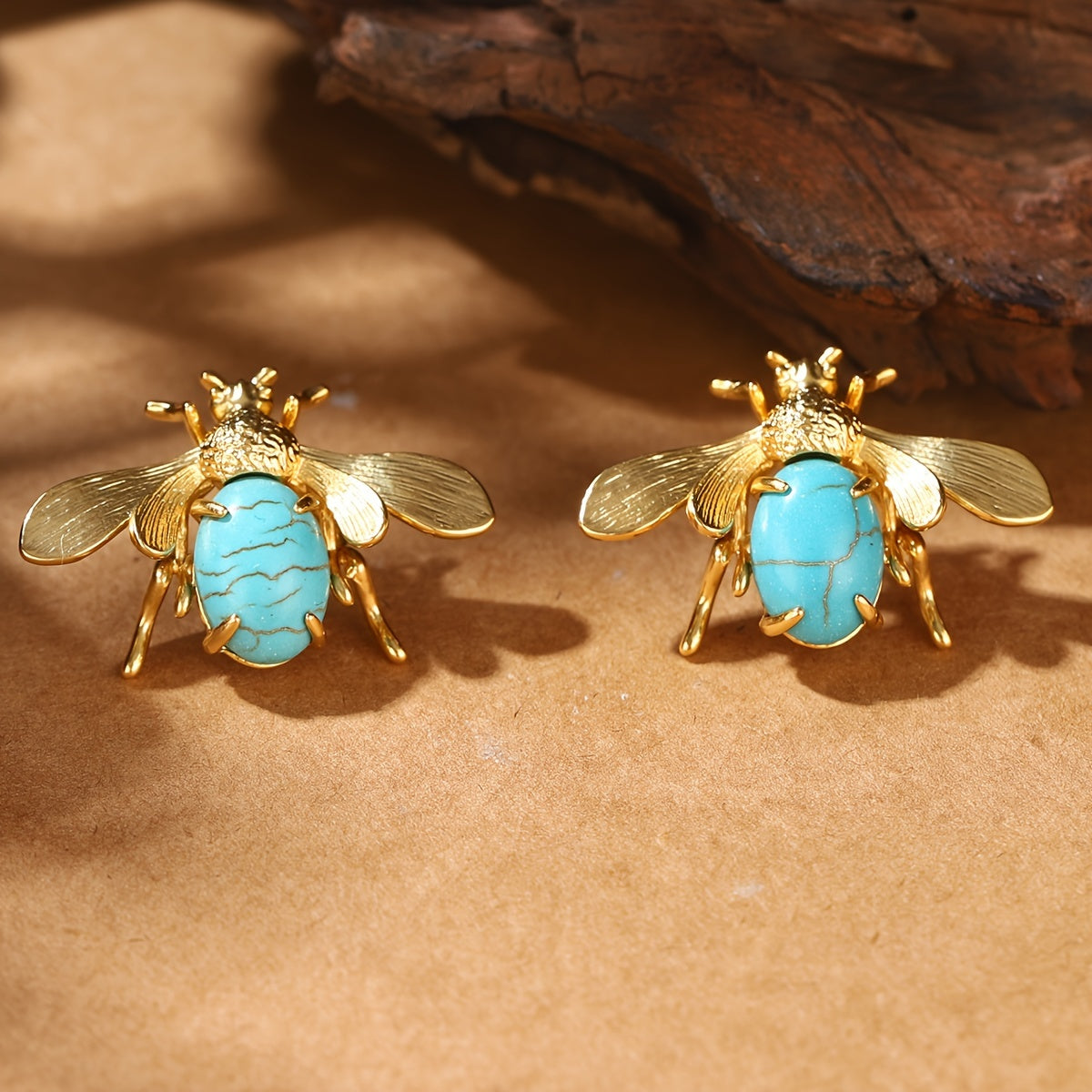 Elegant Turquoise Bee Stud Earrings with 18K Gold Plated Copper & 925 Silvery Posts - Vintage Inspired Women's Fashion Accessory, Ideal for Casual Wear or as a Thoughtful Gift