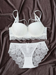 Women's Lace Cross-Back Bra and Panty Set with Bow and Push-Up Bra