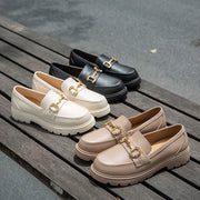 Women's Slip-On Loafers Black Beige White Round Toe Thick Sole Retro British Style