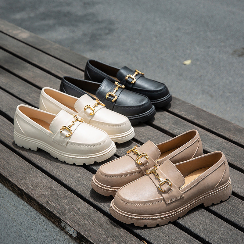 Women's Slip-On Loafers Black Beige White Round Toe Thick Sole Retro British Style