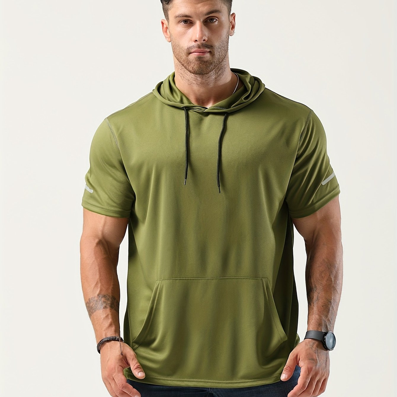 Plus-Size Men's Quick-Drying Hooded Sports T-Shirt Polyester Short Sleeve Casual