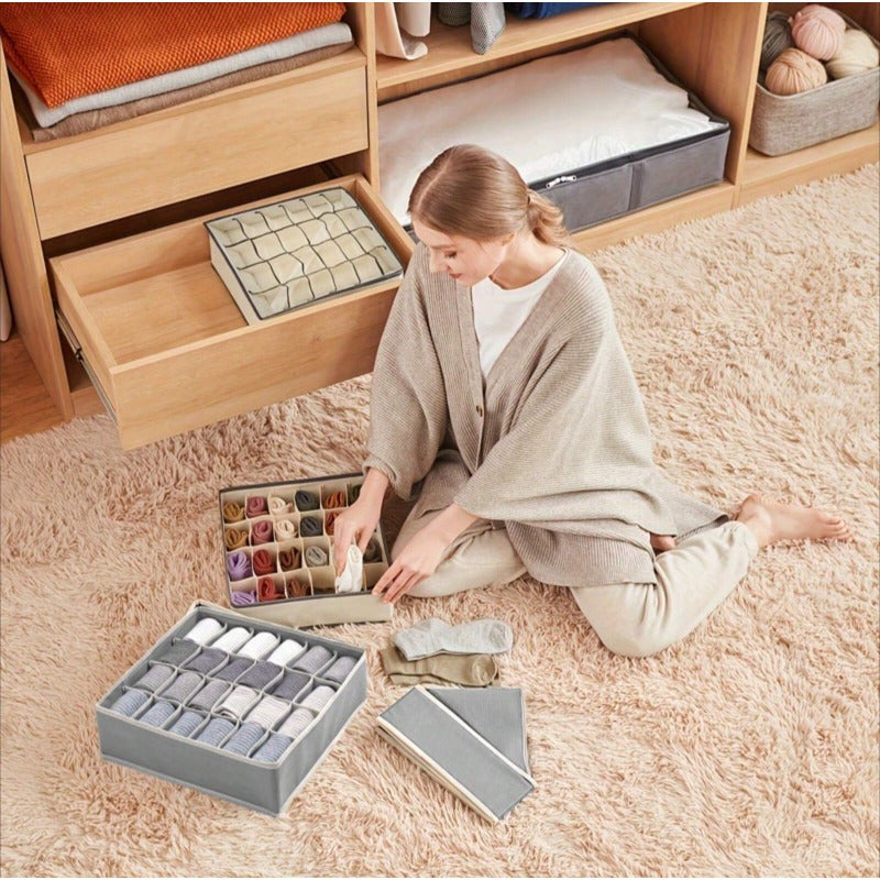 Fabric Underwear Storage Box with 24 Cells for Socks and Underwear in Beige White Gray