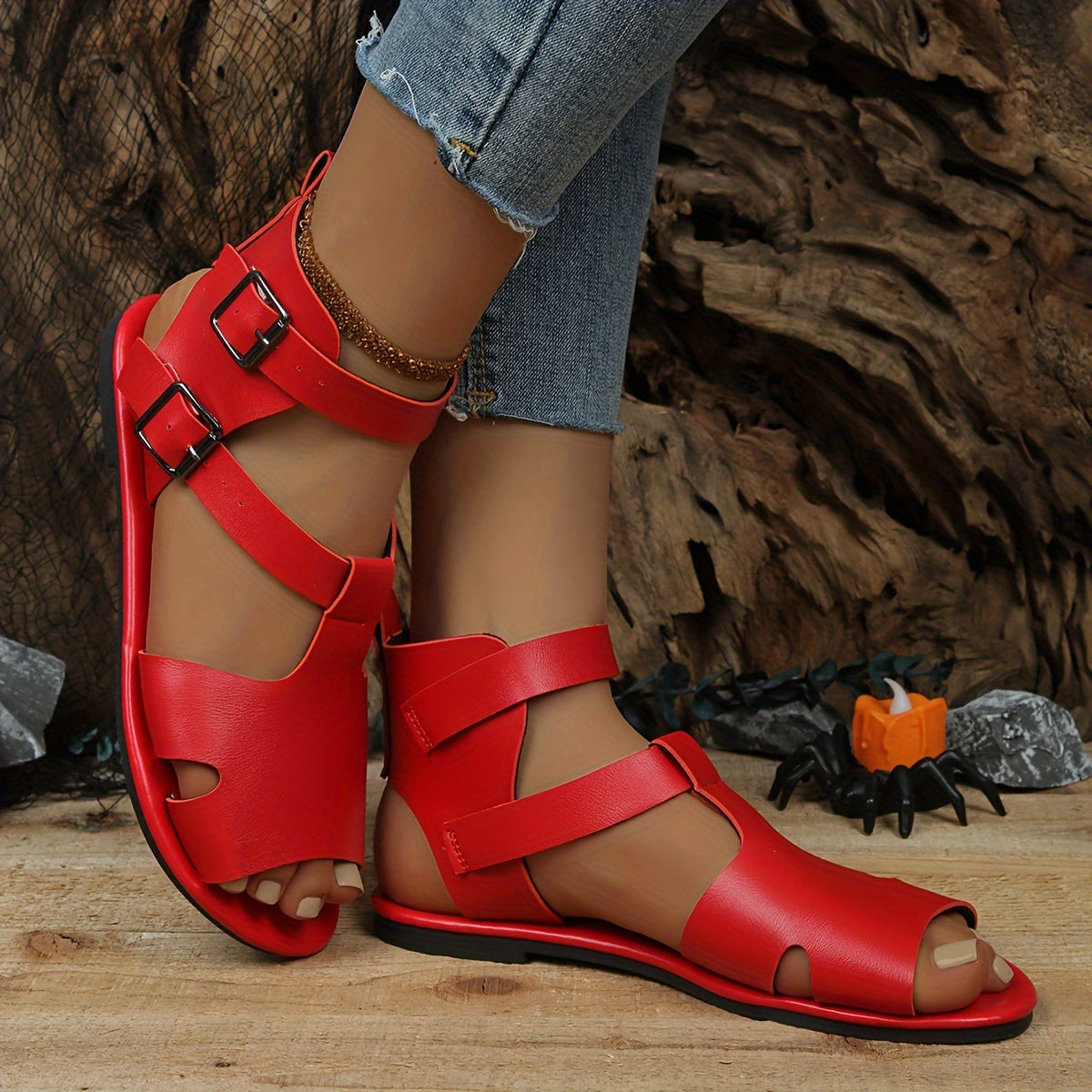 Women's Retro Roman Peep-Toe Shoes Leather Craft City Fashion