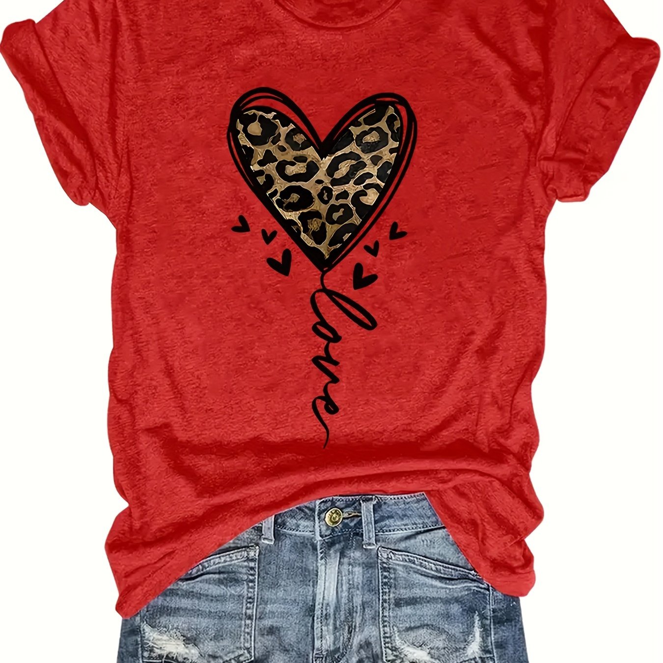 Plus Size Leopard Heart Print T-Shirt Casual Short Sleeve Top for Women
