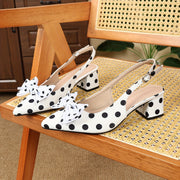 Women's Polka Dot Bow Pointed Toe Mid-Heel Pumps White Black Fabric