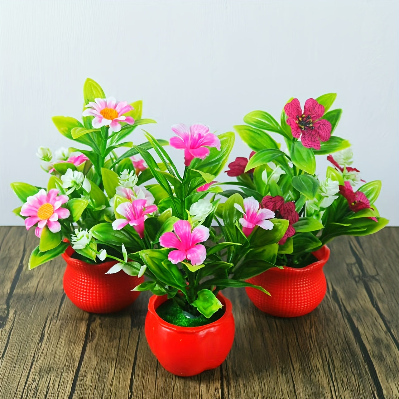 Mini Artificial Plants in Red Pots Set of 3 for Home Office Decor