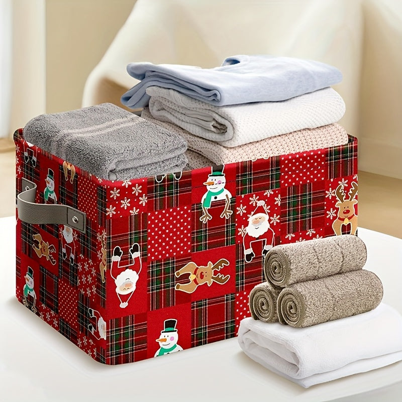Christmas Fabric Storage Basket with Santa and Reindeer Design Folding Organizer Bin with Handles