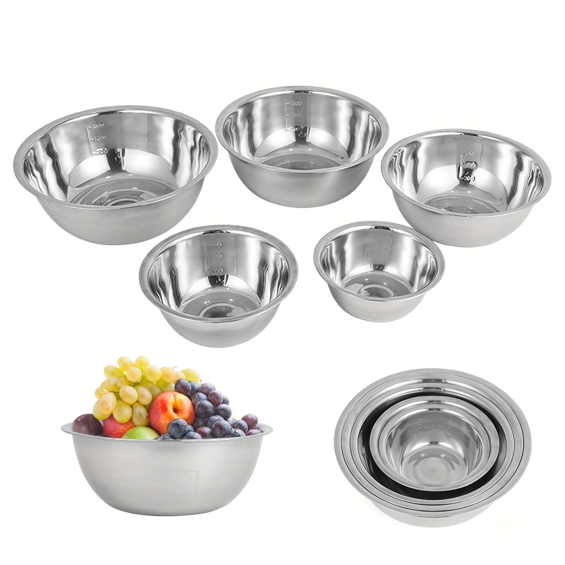 Set of 5 Stainless Steel Mixing Bowls with Measurements Dishwasher Safe Deep Sides