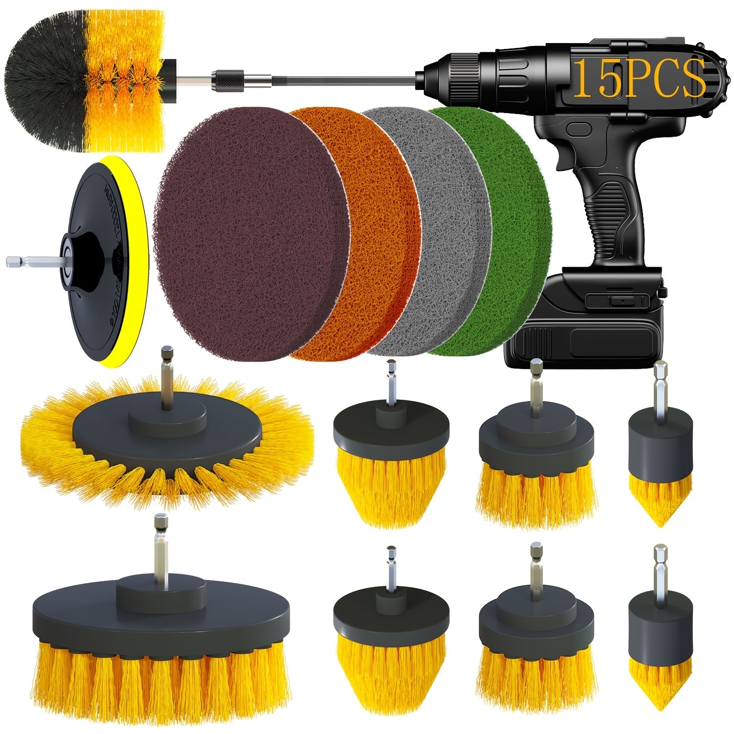 Tozalash va silliqlash uchun 15 ta burg'ulash cho'tkasi qo'shimchalari, quruq va buffing padlari bilan