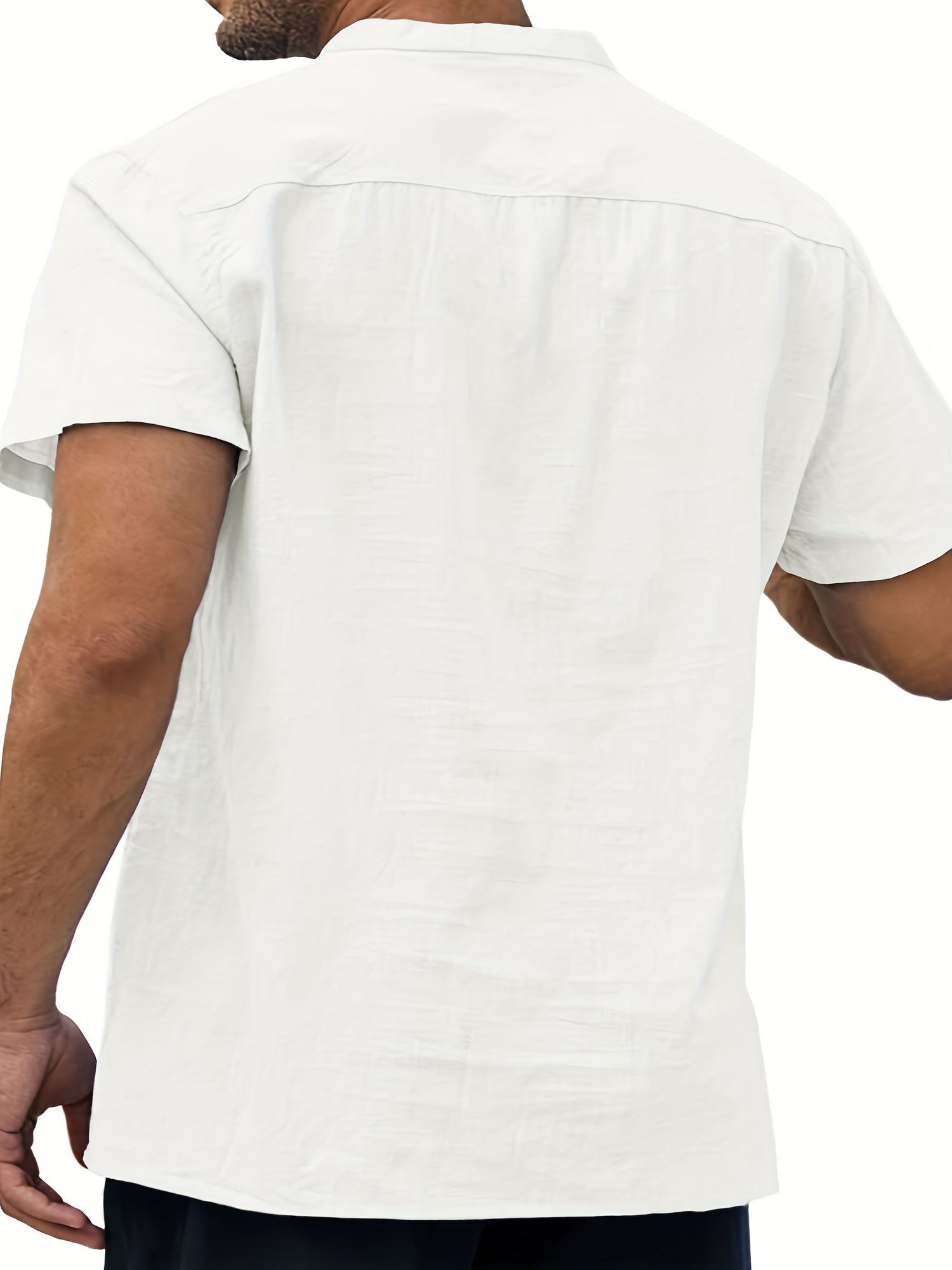 Men's Cotton Short Sleeve Shirt with Stand Collar and Pocket for Summer Beach Vacation