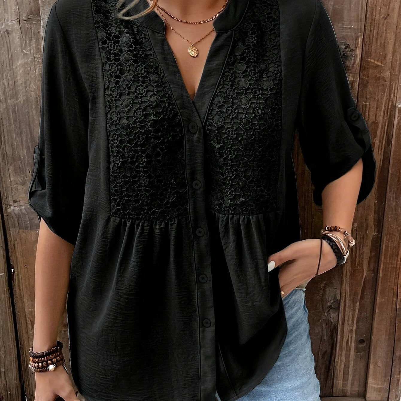 White Plus Size V-Neck Lace Blouse for Women Lightweight Polyester Casual Spring Summer Fall