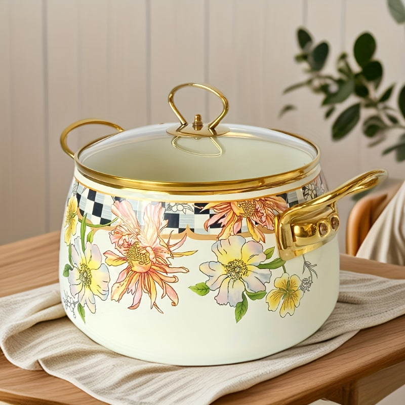 French Daisy Stockpot with Lid Enamel Coating Induction Compatible Floral Design
