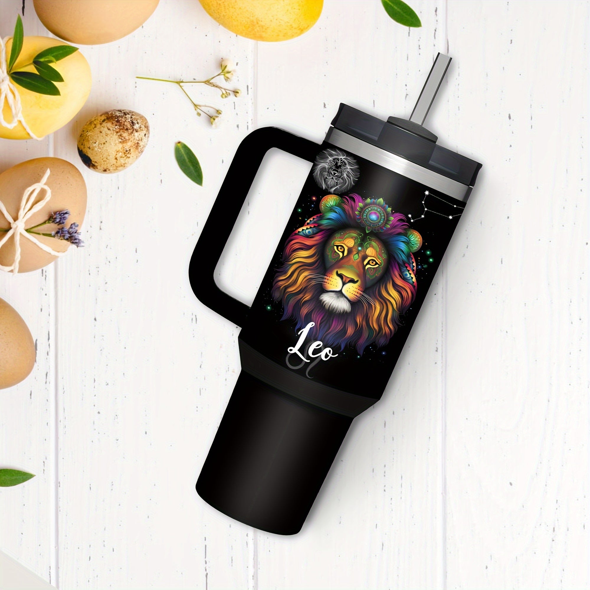 Vaso de acero inoxidable Zodiac de 40oz con asa y pajilla, a prueba de fugas, libre de BPA, taza de café de astrología para hombres y mujeres