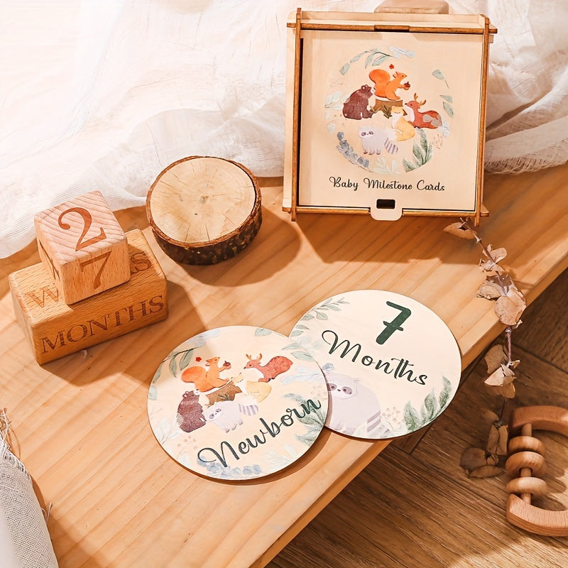 Wooden Baby Milestone Coasters Forest Animals Set for Growth Photos and Memories