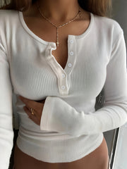 Women's Y2K Style High Stretch Long Sleeve T-Shirt with Button Collar Casual Top