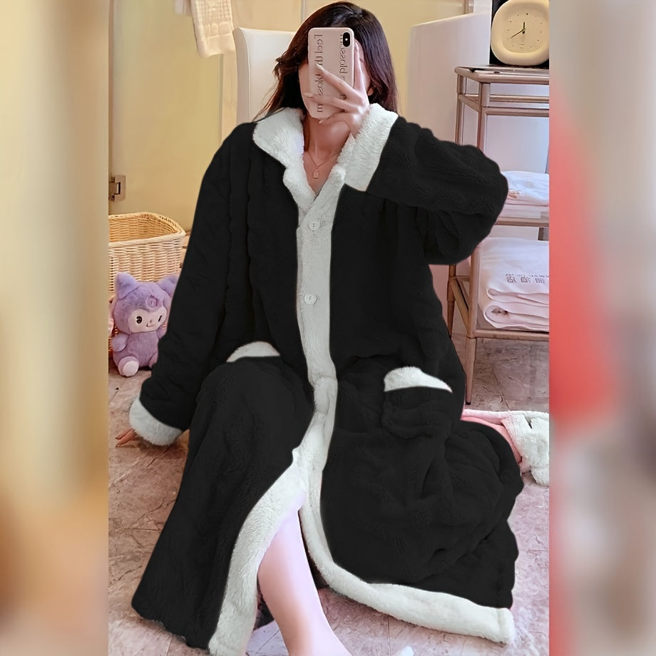 Pink Coral Velvet Women's Bathrobe with Contrast Trim Cozy Lounge Wear