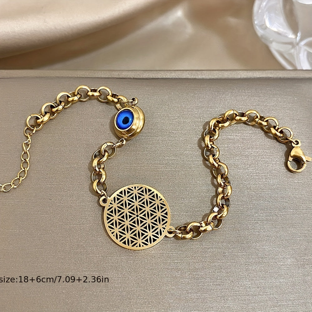 Golden Stainless Steel Bracelet with Evil Eye and Flower of Life Design for Women