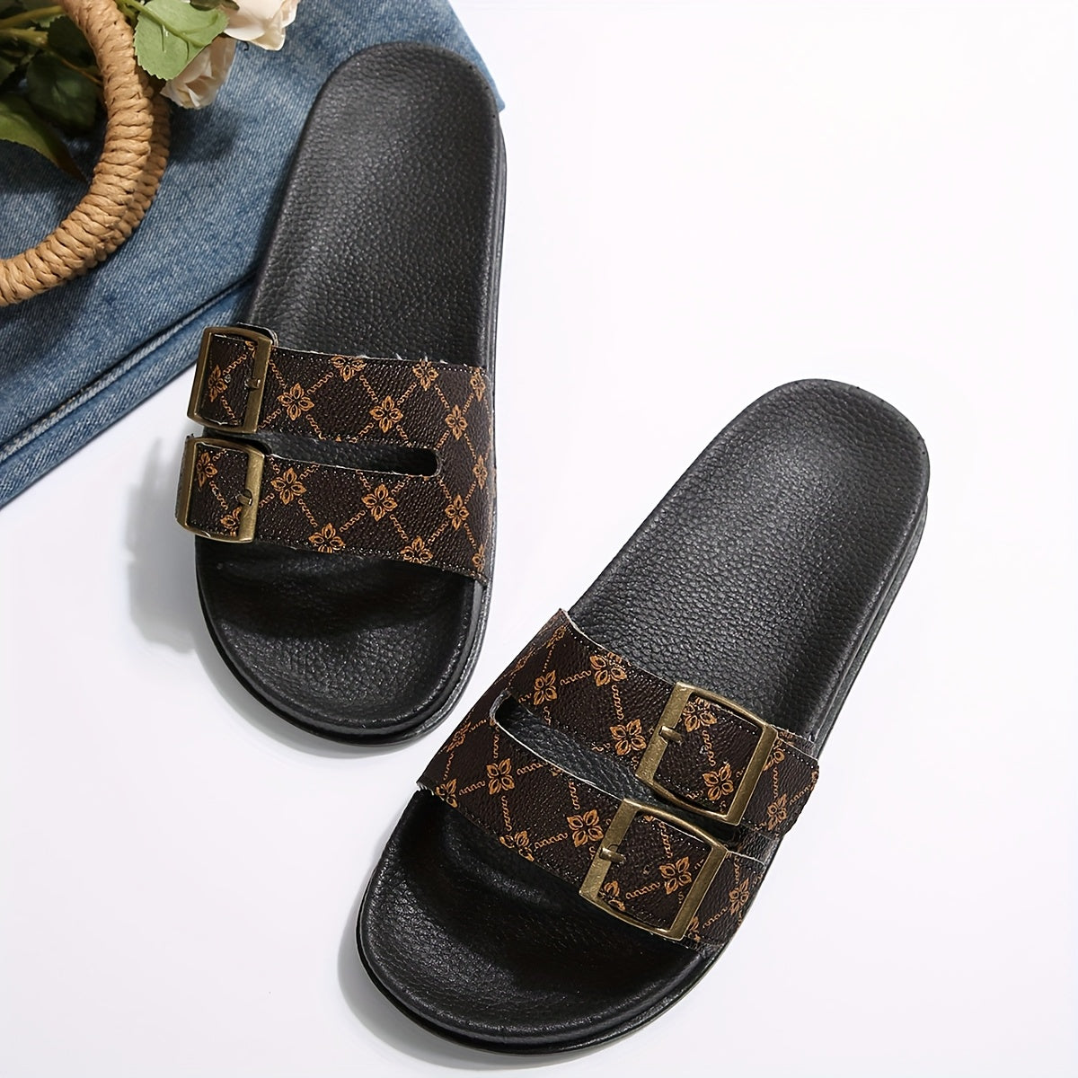 Women's Summer Faux Leather Slide Sandals with Floral Print and Double Buckle